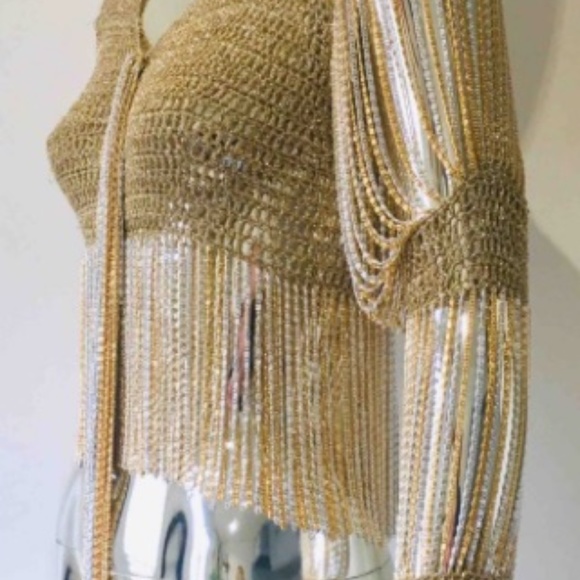 RARE 1970s authentic Loris Azzaro Gold & Silver Chain & Knit Top w/ Chain Tassel - Picture 3 of 9